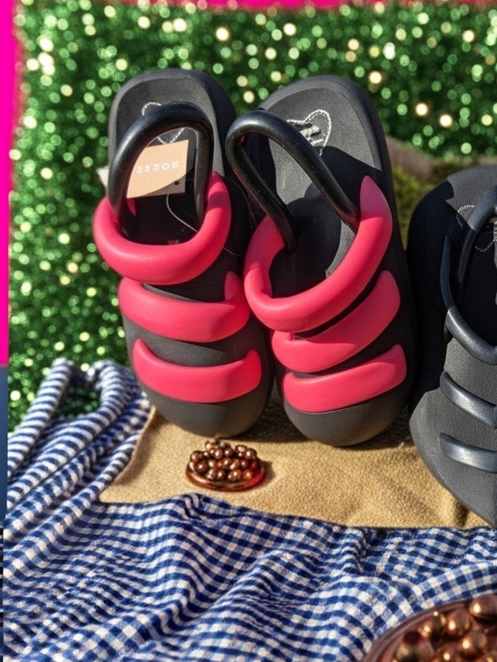 Womens Black Sandals with Bright Pink Straps